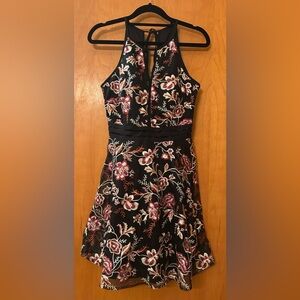 BCX Womens Fit and Flare Black Dress with Floral Embroidery